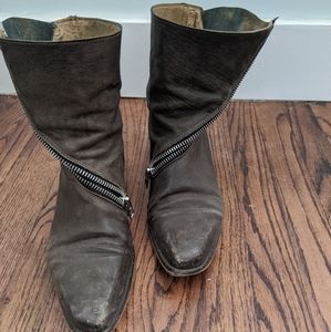 John Fluevog brown asymmetrical zip bootie